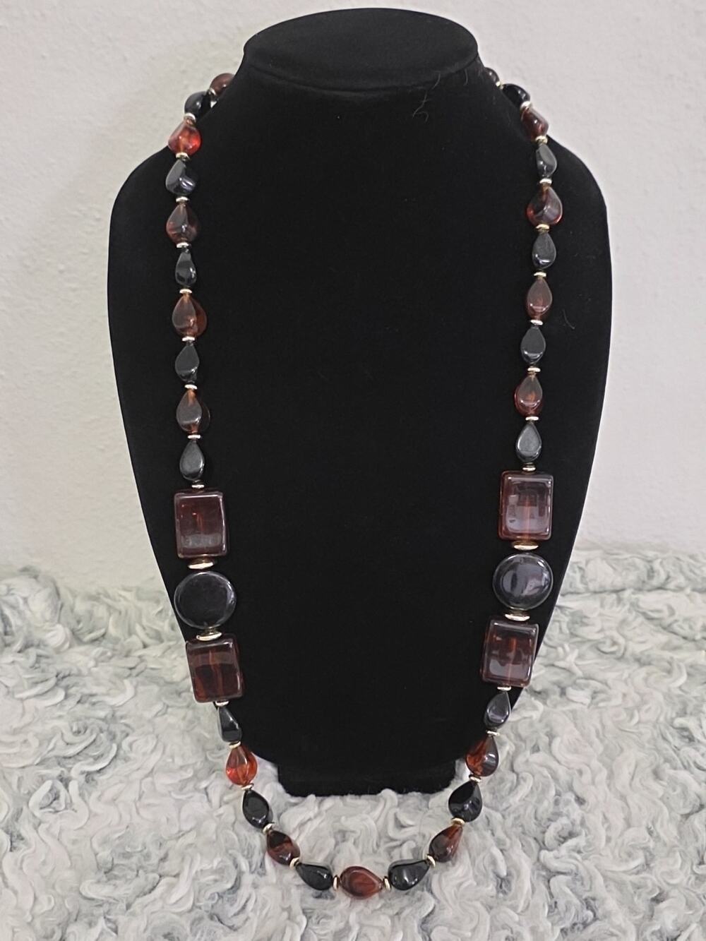 Vintage Amber & Black Beaded Necklace Chunky Long Lucite Gold Tone 34”